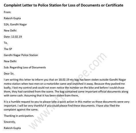 complaint letter  police station  loss  documents
