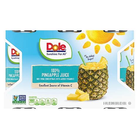 Dole 100 Pineapple Juice 6 Fl Oz 6 Count Fairway