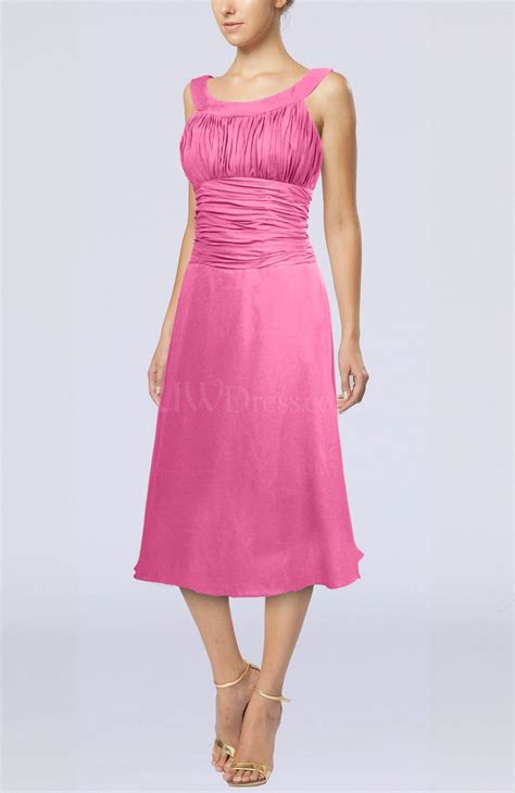 Rose Pink Simple Sleeveless Zip Up Chiffon Tea Length Prom Dresses