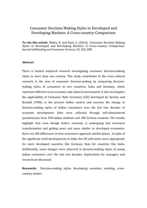 .articles published in decision support systems is their relevance to theoretical and technical issues in the support of enhanced decision making. (PDF) Consumer decision making styles in developed and ...