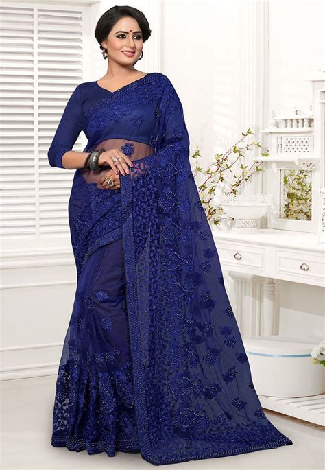 embroidered net saree in navy blue net saree saree designs trendy sarees