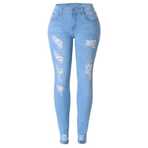 China Oem Brand Light Blue Damaged Distressed Skinny Denim Jeans Women