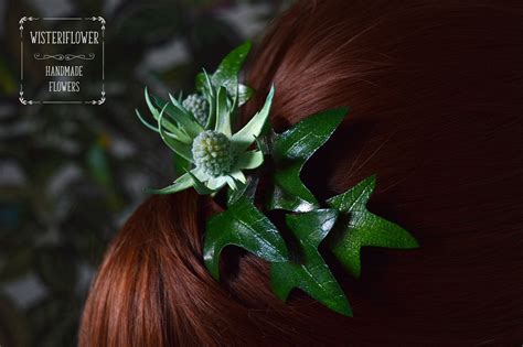 Green Headpiece Floral Hair Piece Thistle And Ivy Leaves Etsy Floral Hair Pieces Outdoor