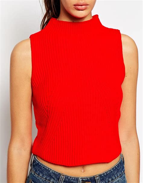 Daisy Street Cropped Sleeveless Knit Top With High Neck In Red Lyst