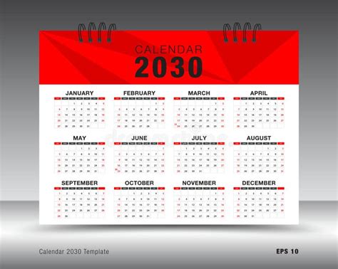 Calendar 2030 Template 12 Months Yearly Calendar Set In 2030 Year