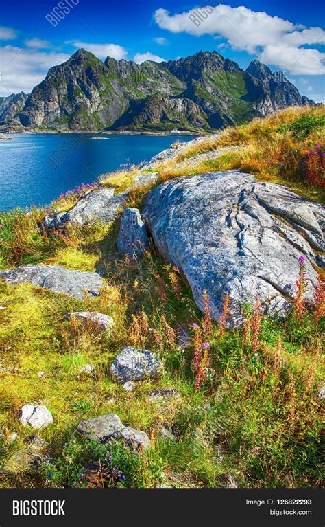 View To Norwegian Mountains In Henningsvaer Lofoten Norway