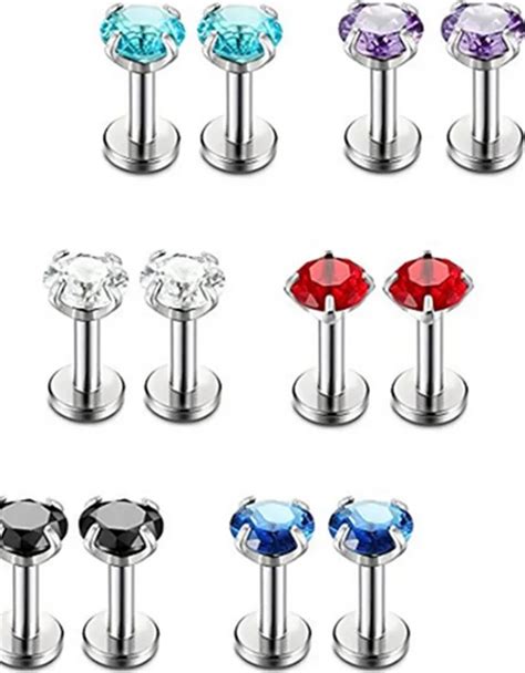 10pcs Surgical Steel Cz Gems Lip Labret Ring Bar Cartilage Tragus 16g~12 Body Piercing Jewelry