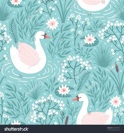 Vector Seamless Pattern With Swan And Floral Elements