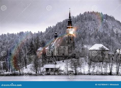 Beautiful Shot Of A Castle In A Breathtaking Winter Wonderland Stock