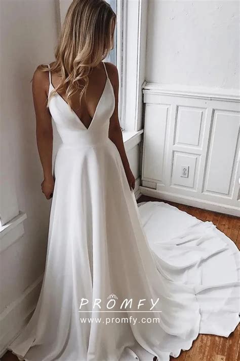 Plunging V Neck Ivory Chiffon Simple Wedding Dress Promfy