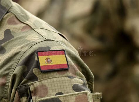 Flag Of Spain On Military Uniform Army Troops Soldier Collage Stock
