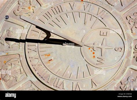 Sundial With Zodiac Signs And Figures Surrounding Roman Numeral Times