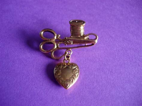 Vintage Sewing Brooch Pin Thread Scissors Heart Seamstress