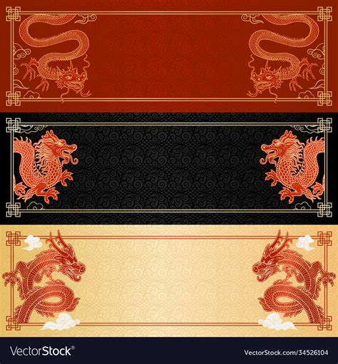 Set Horizontal Banners With Chinese Dragons Vector Image