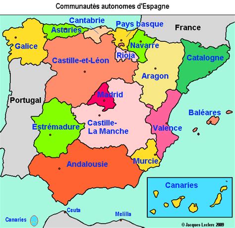 L'espagne est un pays européen frontalier avec la france et le portugal. Espagne: carte des communautés autonomes
