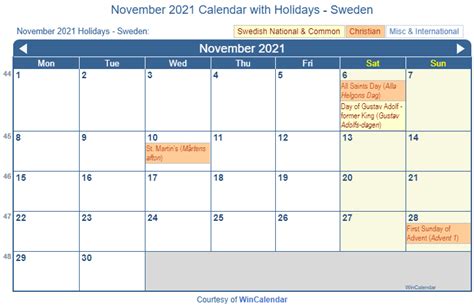 Print Friendly November 2021 Sweden Calendar For Printing