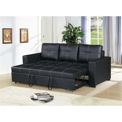 Modern Convertible Sofa Black Faux Leather Square Shape Stitching Sofa