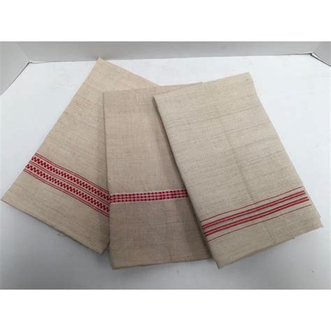 Vintage Homespun Flax Belgium Linen Red And White Border Towels Set Of