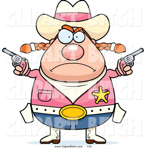 clip vector cartoon art of a plump angry cowgirl holding up guns and frowning by cory thoman 133