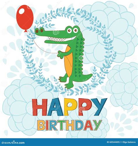 Happy Birthday Card With Happy Crocodile Holding Stock Vector