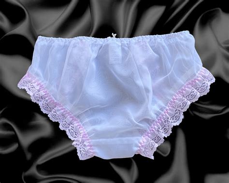 White Frilly Sissy Sheer Soft Nylon Satin Bow Briefs Panties Knickers