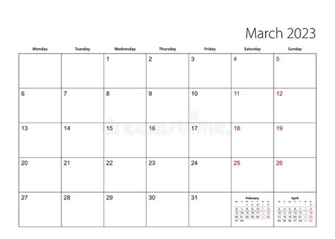 March 2023 Simple Calendar Planner Week Starts From Monday Stock