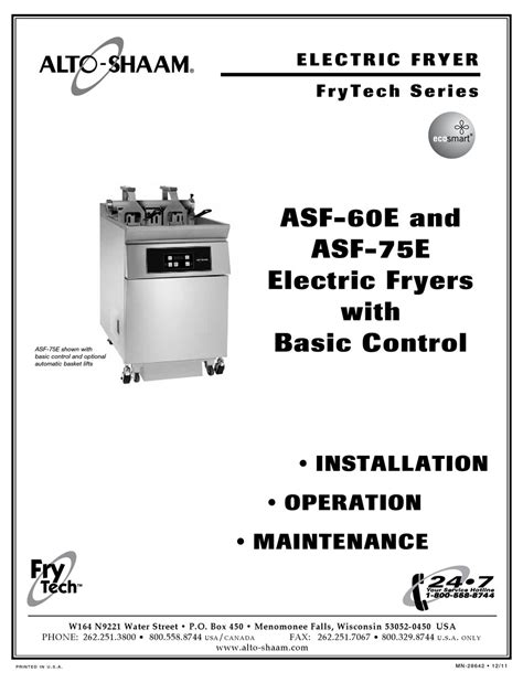 Alto Shaam Frytech Series Installation Operation And Maintenance Pdf