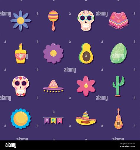 Mexico Independence Day Icon Set Over Purple Background Colorful
