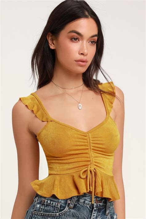 Sexy Mustard Yellow Top Ruched Top Ruffle Top Flounce Top Lulus