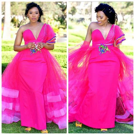 Bride In Pink Plunging Neck Sepedi Traditional Wedding Dress With Tulle