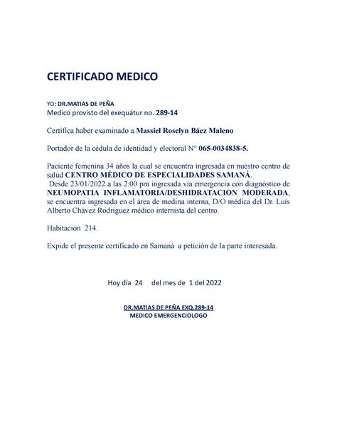 Certificado M Edico Drde PeÑa Certificado Medico Yo Dr De PeÑa