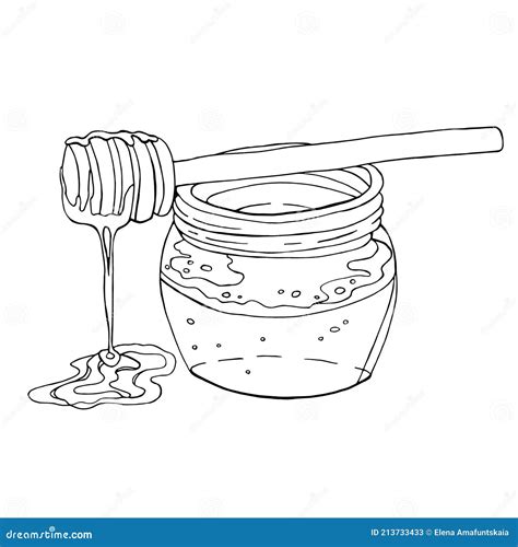 Black And White Illustration Of Cartoon Pot Of Honey With Dipper Stock Vector Illustration Of