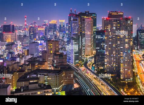 Night Skyline Of Tokyo With The Skytree In The Background Japan Stock