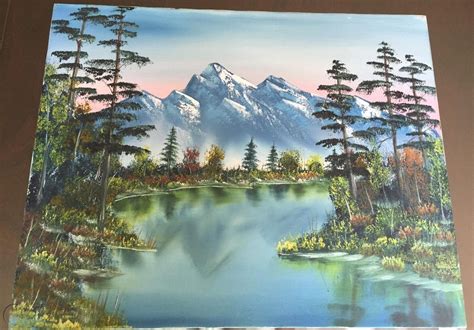 Bob Ross Style Mountain Reflection Painting Vintage Acrylic Oil Canvas