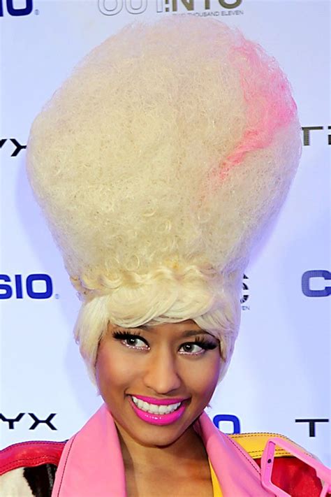 Nicki Minaj Teased Platinum Blonde Afro Beehive Streak Wig Hairstyle