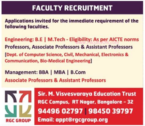 Subscribe for new vacancies add vacancy. Sir M.Visvesvaraya Education Trust Bengaluru Teaching ...