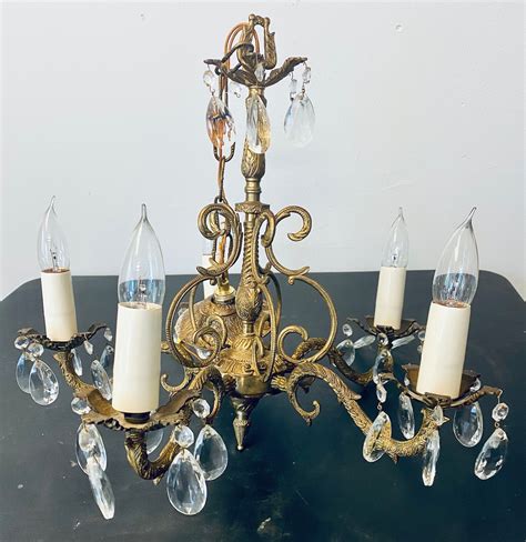 Vintage Mid Century Ornate Brass Crystal Chandelier 5 Light Etsy