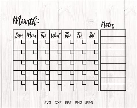 Monthly Calendar Svg Calendar With Notes Blank Calendar Svg Etsy