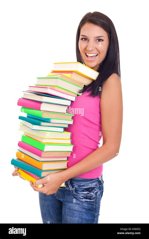 Beautiful Student Girl Holding Big Stack Of Books Stock Photo Alamy