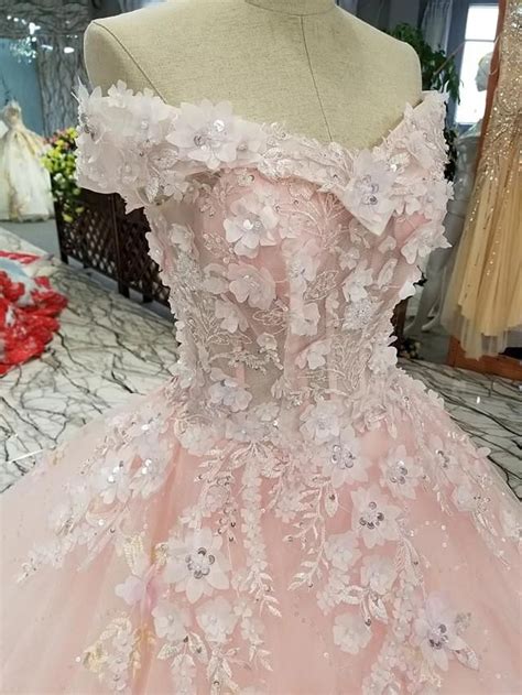 Blush Pink Flowers Tulle Off Shoulder Quinceanera Dresses Ball Gowns