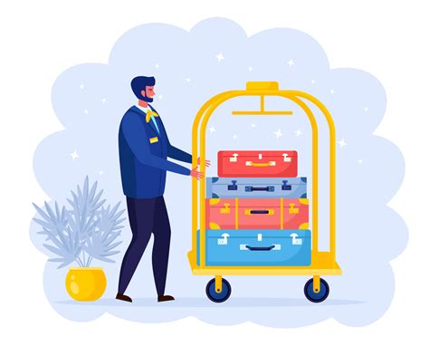 Bellhop Carrying Luggage And Bags By Trolley Cart Smiling Bellbabe Hotel Staff Vector