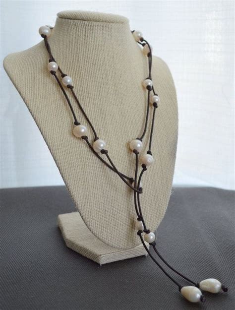 Long Freshwater Pearl And Natural Leather Necklace Pearl And Leather