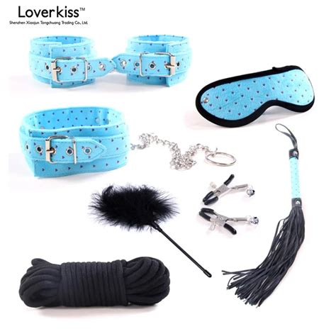 Loverkiss 7pcs Lot Sex Slave Body Restraints Adult Games Bondage Set Handcuffs Mask Whip Nipple