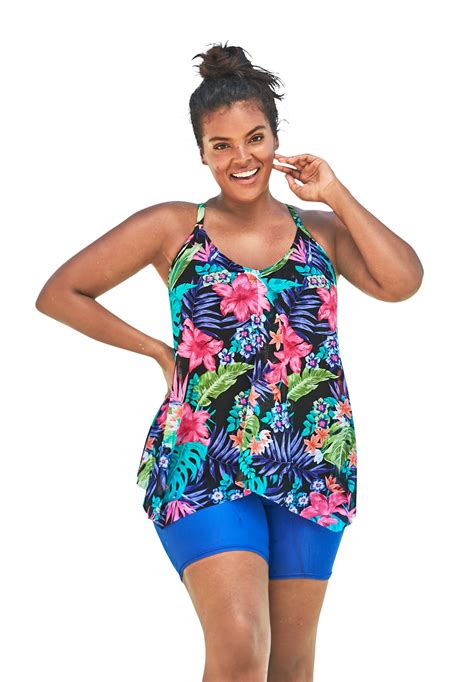 Swimsuits For All Womens Plus Size Longer Length Mesh Tankini Top