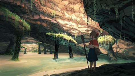 Women Outdoors Standing Nature Underground Cave Anime Anime Girls