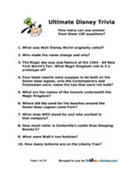 Easy disney trivia questions for kids. Walt Disney World Trivia