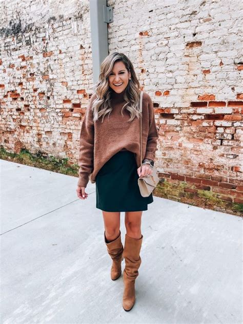 chunky sweater but tall boots and a leather skirt fall 2018 what to wear thanksgiving inspi