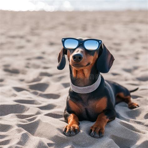 Beautiful Dog Of Dachshund Smiling Black And Tan Buried In The Sand