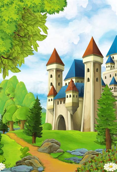 Cartoon Nature Scene With Waterfall With Castle In The Background