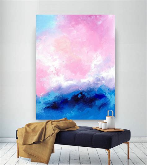 Pink Blue Extra Large Wall Art Abstract Painting On Canvas Modern Home